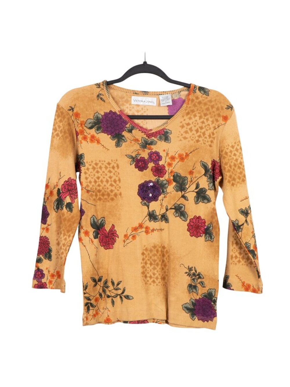 Victoria Jones Floral Y2K VNeck Top S Womens VTG Sequins Beads Yellow 3/4 Sleeve